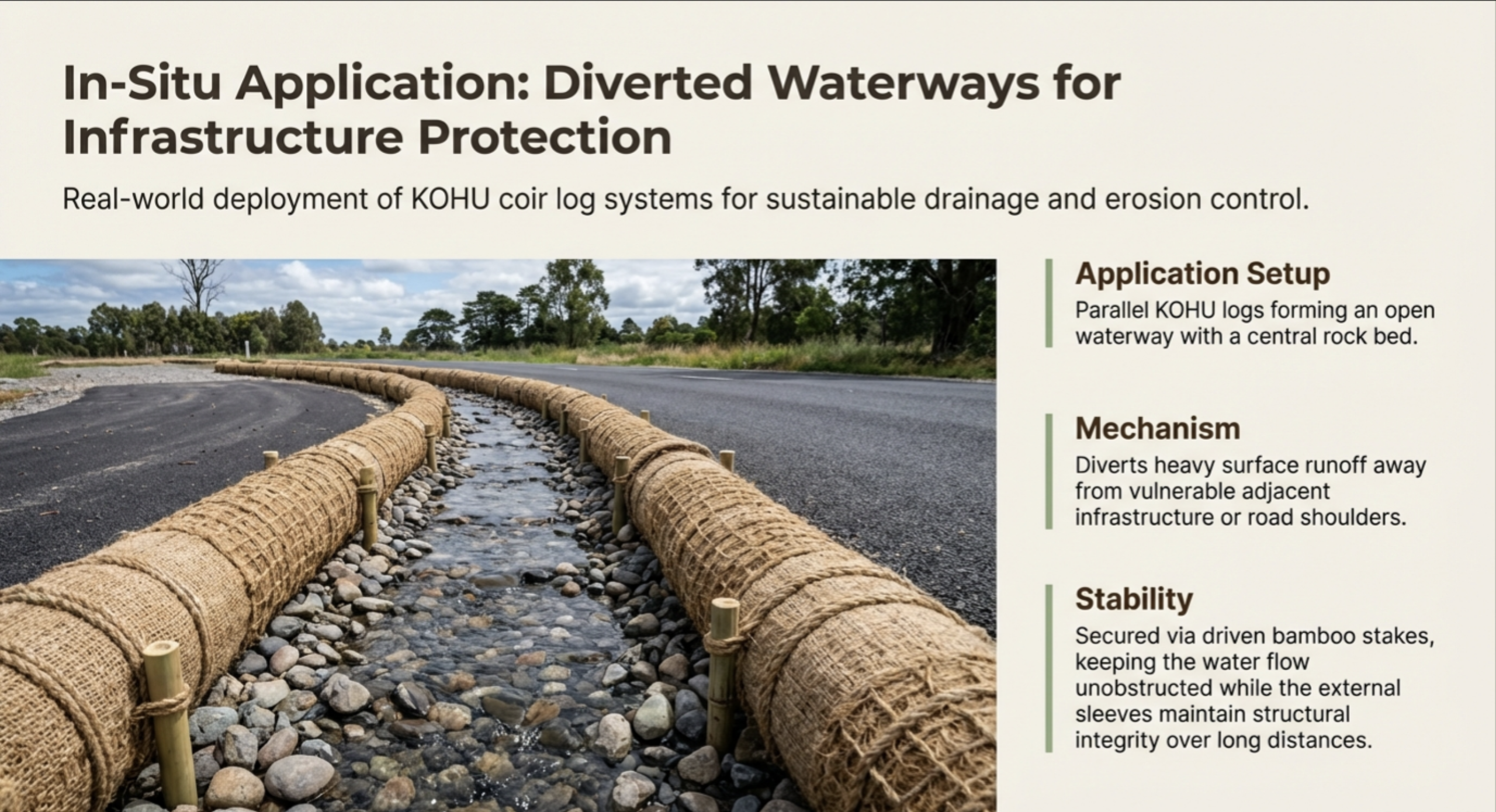 Diverted waterways using coir logs for infrastructure protection